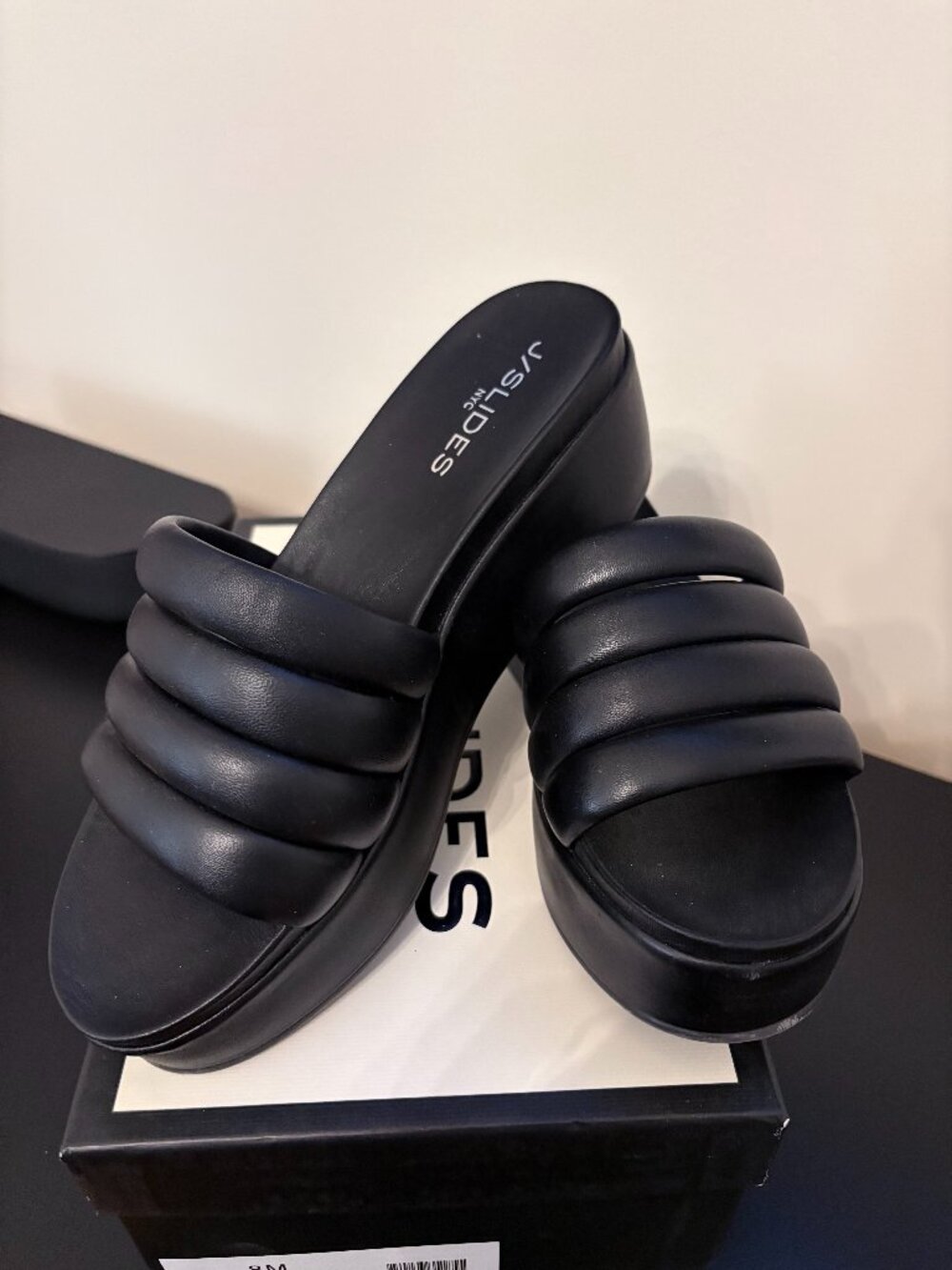 J/Slides Quirky Black Puffy Strap Platform Slide Sandal - Size 8